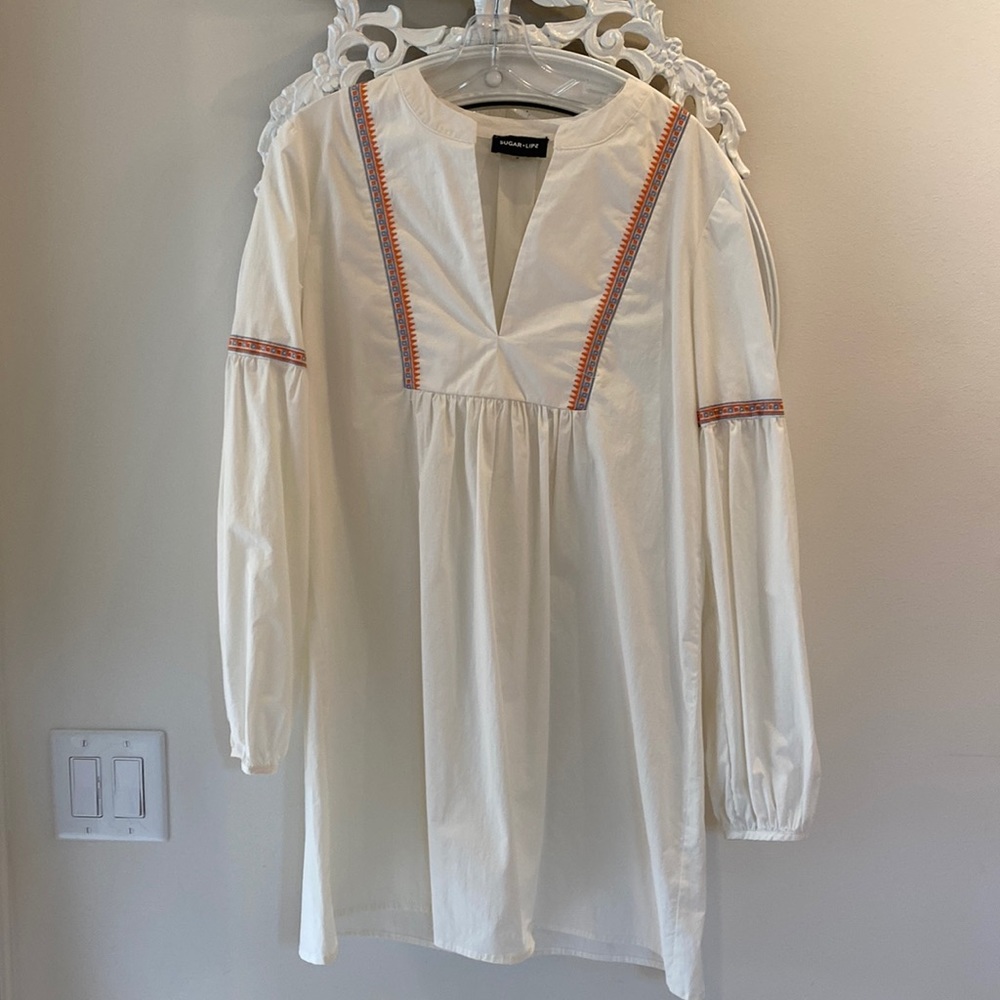 Sugar Lips Ivory tunic dress with orange and sky blue embroidery
